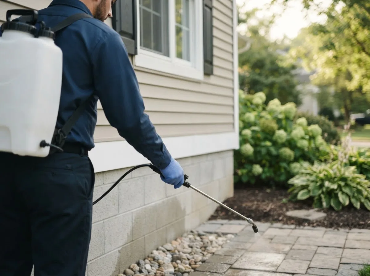 Pest control technician inspecting a home in Torrington, CT